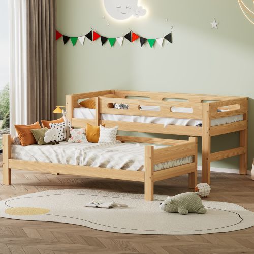 Lit Superposé Enfant 90x200 Cm, Transformable En 2 Lits Simples, Avec Lattes, En Bois, Naturel