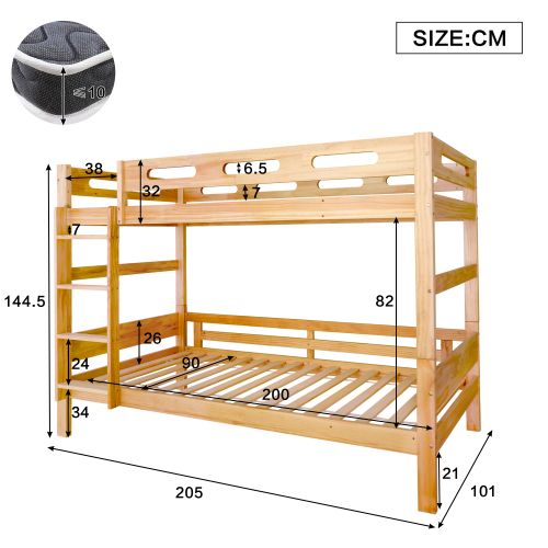 Lit Superposé Enfant 90x200 Cm, Transformable En 2 Lits Simples, Avec Lattes, En Bois, Naturel