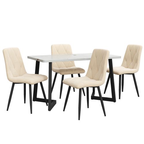 Ensemble Table Et Chaises, Table à Manger 117 Cm Avec Pieds Métal Noir Et 4 Chaises En Velours Beige