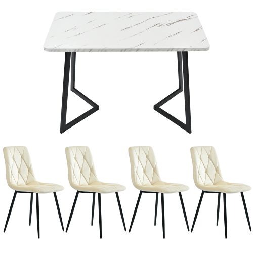 Ensemble Table Et Chaises, Table à Manger 117 Cm Avec Pieds Métal Noir Et 4 Chaises En Velours Beige