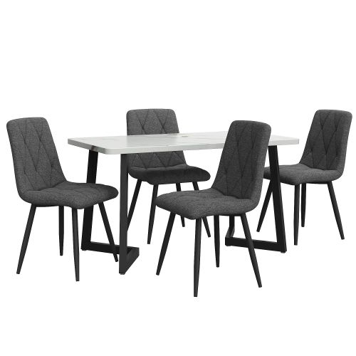 Ensemble Table Et Chaises, Table à Manger 117x68 Avec Pieds Métal Noir Et 4 Chaises En Lin Gris