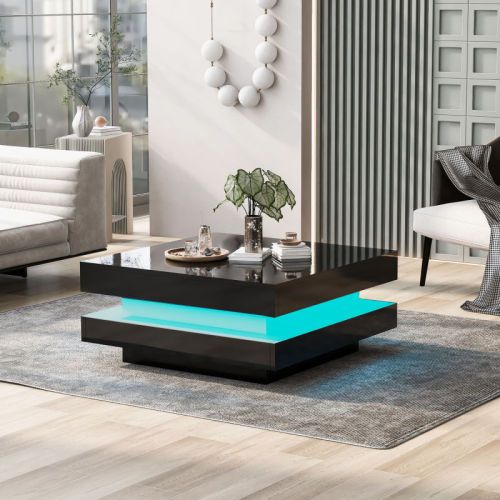 Table Basse Carrée Noire 70x70x36 Cm Avec Éclairage LED Bluetooth