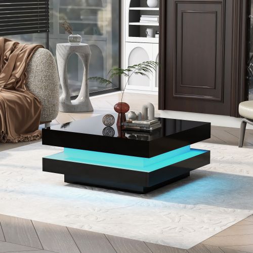Table Basse Carrée Noire 70x70x36 Cm Avec Éclairage LED Bluetooth