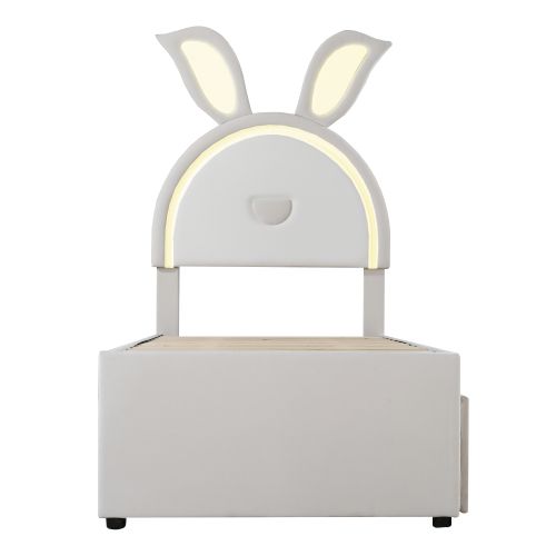Lit Enfant 90x200 Cm, Avec Lit Gigogne 90x190 Cm, Tête De Lit LED Et Lattes, En Tissu, Beige