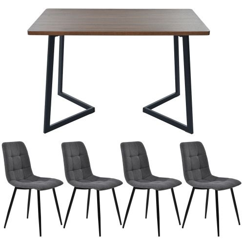 Ensemble Table Et Chaises, Table à Manger 117 Cm Avec Pieds Métal Noir Et 4 Chaises En Lin Gris