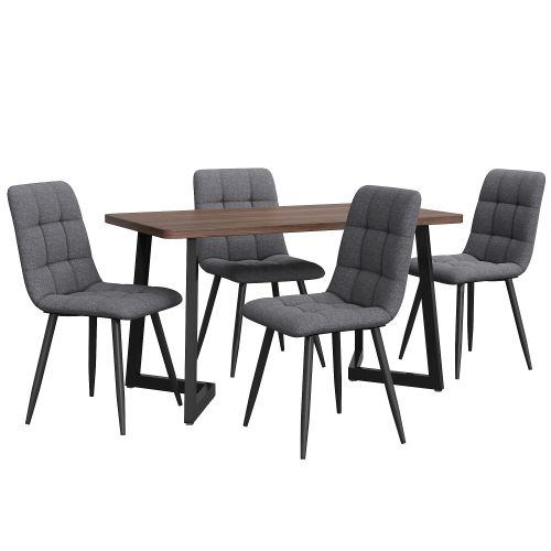 Ensemble Table Et Chaises, Table à Manger 117 Cm Avec Pieds Métal Noir Et 4 Chaises En Lin Gris