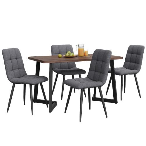 Ensemble Table Et Chaises, Table à Manger 117 Cm Avec Pieds Métal Noir Et 4 Chaises En Lin Gris