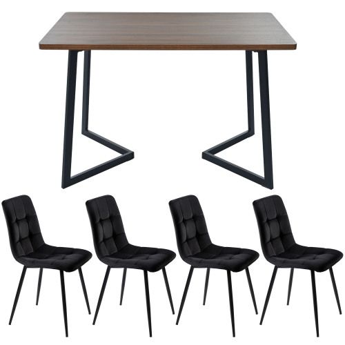 Ensemble Table Et Chaises, Table à Manger 117 Cm Avec Pieds Métal Noir Et 4 Chaises En Velours Noir