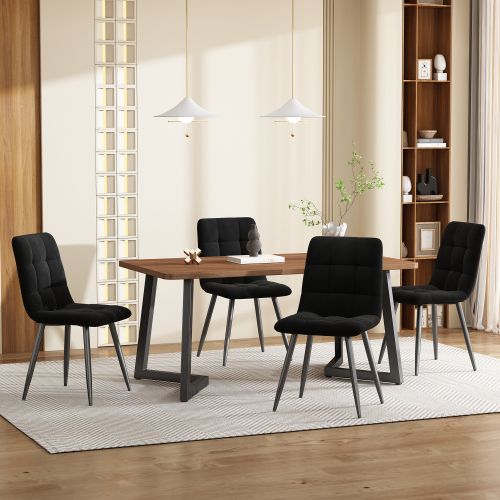 Ensemble Table Et Chaises, Table à Manger 117 Cm Avec Pieds Métal Noir Et 4 Chaises En Velours Noir