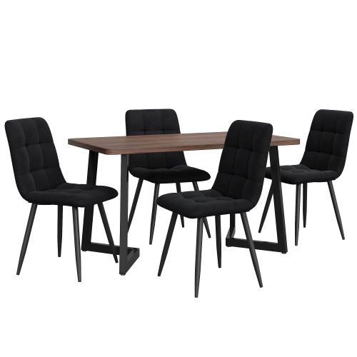 Ensemble Table Et Chaises, Table à Manger 117 Cm Avec Pieds Métal Noir Et 4 Chaises En Velours Noir