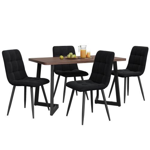 Ensemble Table Et Chaises, Table à Manger 117 Cm Avec Pieds Métal Noir Et 4 Chaises En Velours Noir