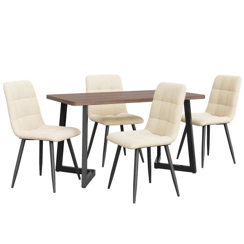 Ensemble Table Et Chaises, Table à Manger 117 Cm Avec Pieds Métal Et 4 Chaises En Velours Beige