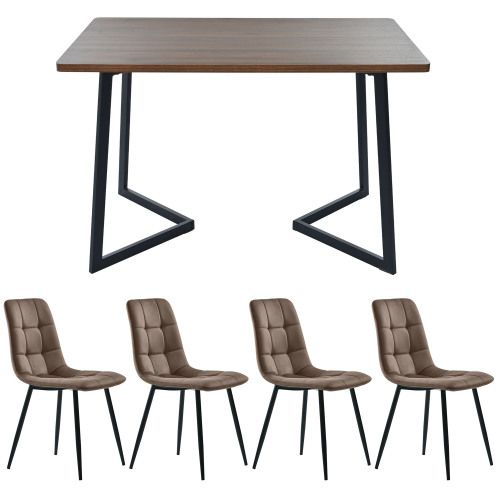 Ensemble Table Et Chaises, Table à Manger 117 Cm Avec Pieds Métal Noir Et 4 Chaises En Velours Brun
