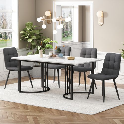 Ensemble Table Et Chaises, Table à Manger 140x80 Cm Avec Pieds Métal Et 4 Chaises En Lin Gris