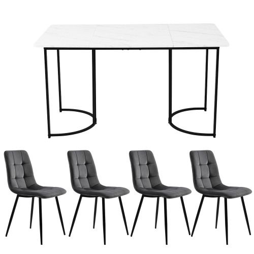 Ensemble Table Et Chaises, Table à Manger 140 Cm Avec Pieds Métal Et 4 Chaises En Velours Gris