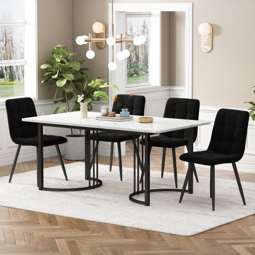 Ensemble Table Et Chaises, Table à Manger 140x80 Cm Avec Pieds Métal Et 4 Chaises En Velours Noir