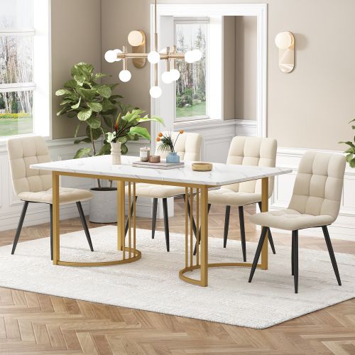 Ensemble Table Et Chaises, Table à Manger 140x80 Cm Avec Pieds Dorés Et 4 Chaises En Velours Beige