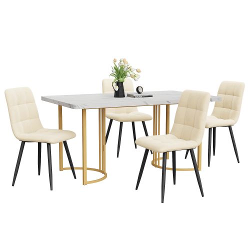 Ensemble Table Et Chaises, Table à Manger 140x80 Cm Avec Pieds Dorés Et 4 Chaises En Velours Beige