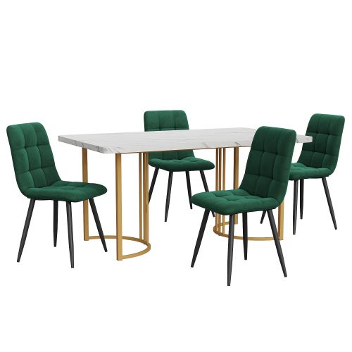 Ensemble Table Et Chaises, Table à Manger 140 Cm Avec Pieds Métal Doré Et 4 Chaises En Velours Vert