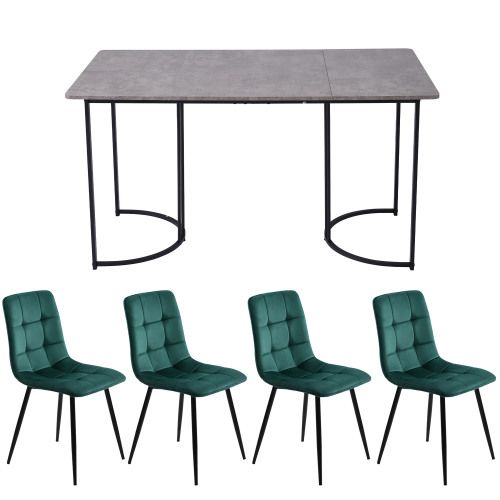 Ensemble Table Et Chaises, Table à Manger 140 Cm Avec Pieds Métal Gris Et 4 Chaises En Velours Vert