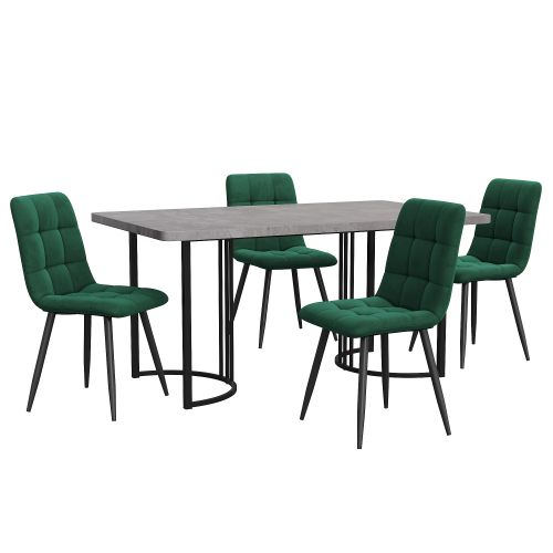 Ensemble Table Et Chaises, Table à Manger 140 Cm Avec Pieds Métal Gris Et 4 Chaises En Velours Vert
