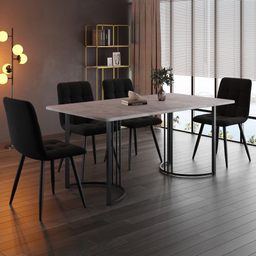 Ensemble Table Et Chaises, Table à Manger 140x80cm Avec Pieds Métal Et 4 Chaises En Velours Noir