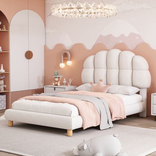 Lit Enfant 90x200 Cm, Avec Tête De Lit En Velours, Blanc