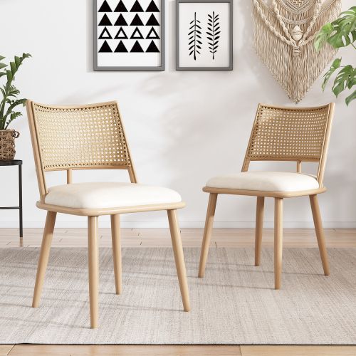 Lot De 2 Chaises De Salle à Manger, Dossier En Rotin, Assise En Pu, Piètement Métal, Beige