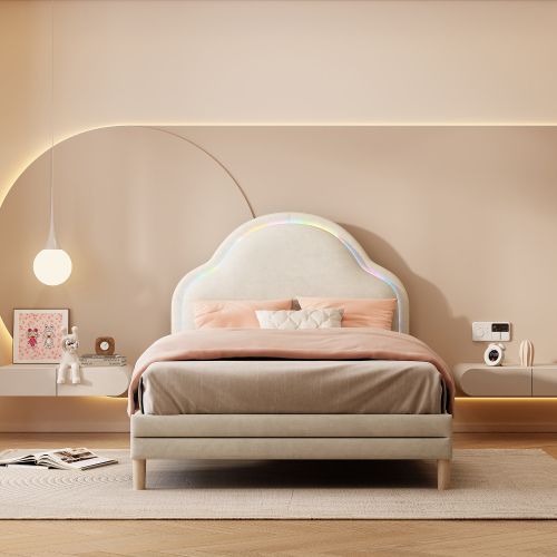 Lit Enfant 90x200 Cm Avec Tête De Lit Nuage Et Lattes, Éclairage LED, En Velours, Beige
