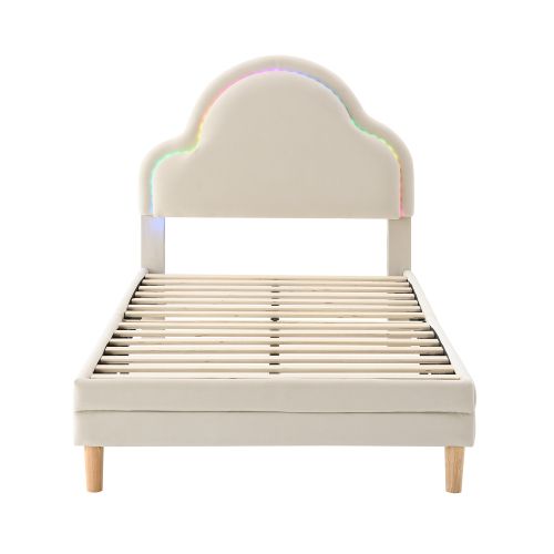 Lit Enfant 90x200 Cm Avec Tête De Lit Nuage Et Lattes, Éclairage LED, En Velours, Beige