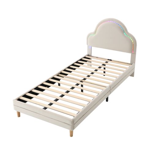 Lit Enfant 90x200 Cm Avec Tête De Lit Nuage Et Lattes, Éclairage LED, En Velours, Beige