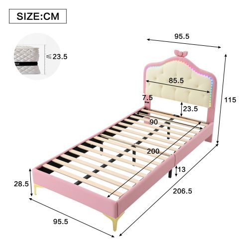 Lit Enfant 90x200 Cm, Lit Simple Avec Tête De Lit à LED, Avec Lattes, En Pu, Rose Et Blanc
