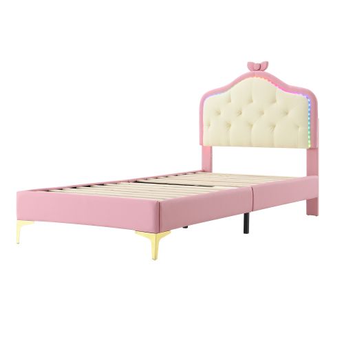 Lit Enfant 90x200 Cm, Lit Simple Avec Tête De Lit à LED, Avec Lattes, En Pu, Rose Et Blanc