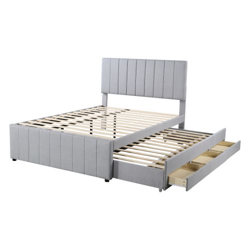 Lit Adulte 140x200 Cm Avec Lit Gigogne 90x190 Cm, 3 Tiroirs, Tête De Lit Réglable, En Coton-lin Gris