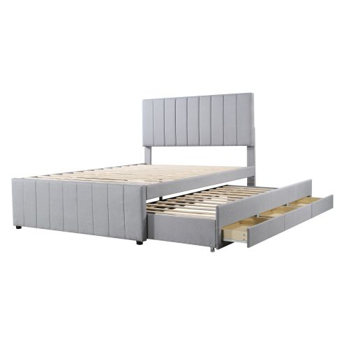 Lit Adulte 140x200 Cm Avec Lit Gigogne 90x190 Cm, 3 Tiroirs, Tête De Lit Réglable, En Coton-lin Gris