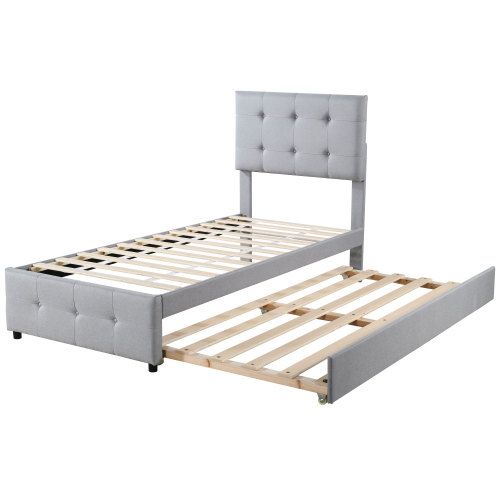 Lit Enfant 90x200 Cm Avec Lit Gigogne, Tête De Lit Réglable Et Sommier à Lattes, En Lin, Gris