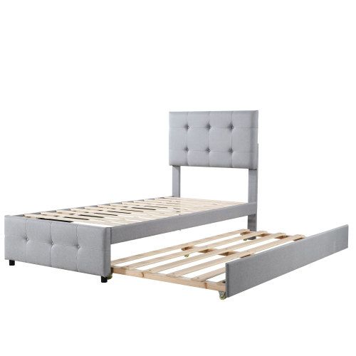 Lit Enfant 90x200 Cm Avec Lit Gigogne, Tête De Lit Réglable Et Sommier à Lattes, En Lin, Gris