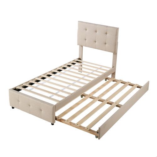 Lit Enfant 90x200 Cm, Lit Gigogne Et Tête De Lit Réglable, Avec Sommier à Lattes, En Lin, Beige