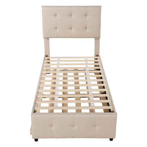 Lit Enfant 90x200 Cm, Lit Gigogne Et Tête De Lit Réglable, Avec Sommier à Lattes, En Lin, Beige