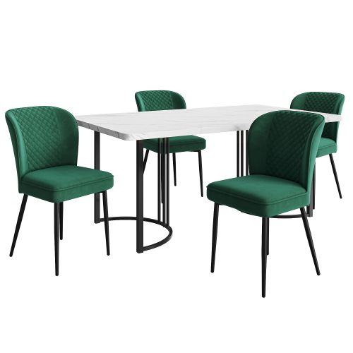 Ensemble Table Et Chaises, Table à Manger Avec Pieds Métal Noir Et 4 Chaises En Velours Vert