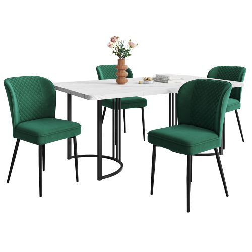 Ensemble Table Et Chaises, Table à Manger Avec Pieds Métal Noir Et 4 Chaises En Velours Vert