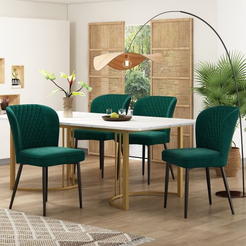 Ensemble Table Et Chaises, Table à Manger 140x80 Cm Avec Pieds Métal Et 4 Chaises En Velours Vert