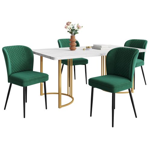 Ensemble Table Et Chaises, Table à Manger 140x80 Cm Avec Pieds Métal Et 4 Chaises En Velours Vert