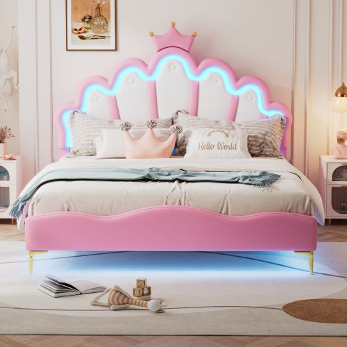 Lit Adulte 140x200 Cm, Tête De Lit Couronne Et Éclairage LED, En Pu, Rose