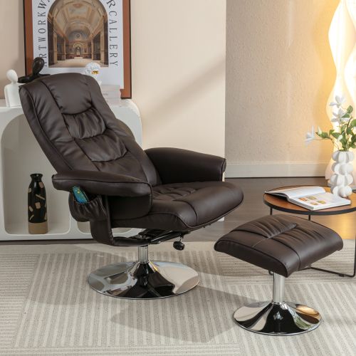 Fauteuil Massant Avec Repose-pieds Et Rotation 360°, Simili Cuir, Marron