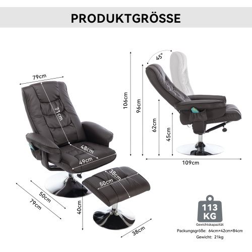 Fauteuil Massant Avec Repose-pieds Et Rotation 360°, Simili Cuir, Marron