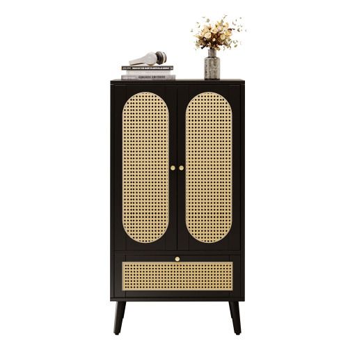 Buffet Haut Noir 60x40x110,5 Cm, 2 Portes 1 Tiroir, Tressage Rattan