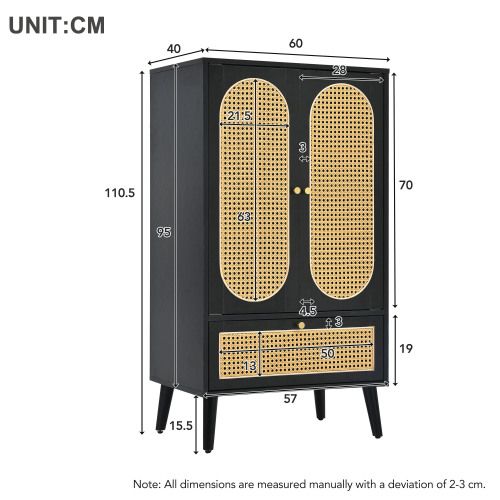 Buffet Haut Noir 60x40x110,5 Cm, 2 Portes 1 Tiroir, Tressage Rattan