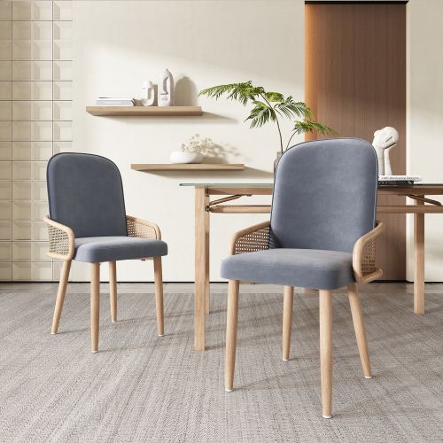 Lot De 2 Chaises De Salle à Manger, Design Rotin, Revêtement Velours, Pieds Métal, Gris