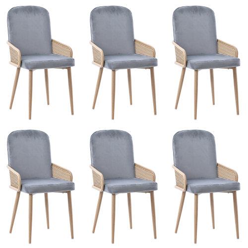 Lot De 6 Chaises De Salle à Manger, Velours, Dossier Tressé En Rotin Pe, Piètement Métal, Gris
